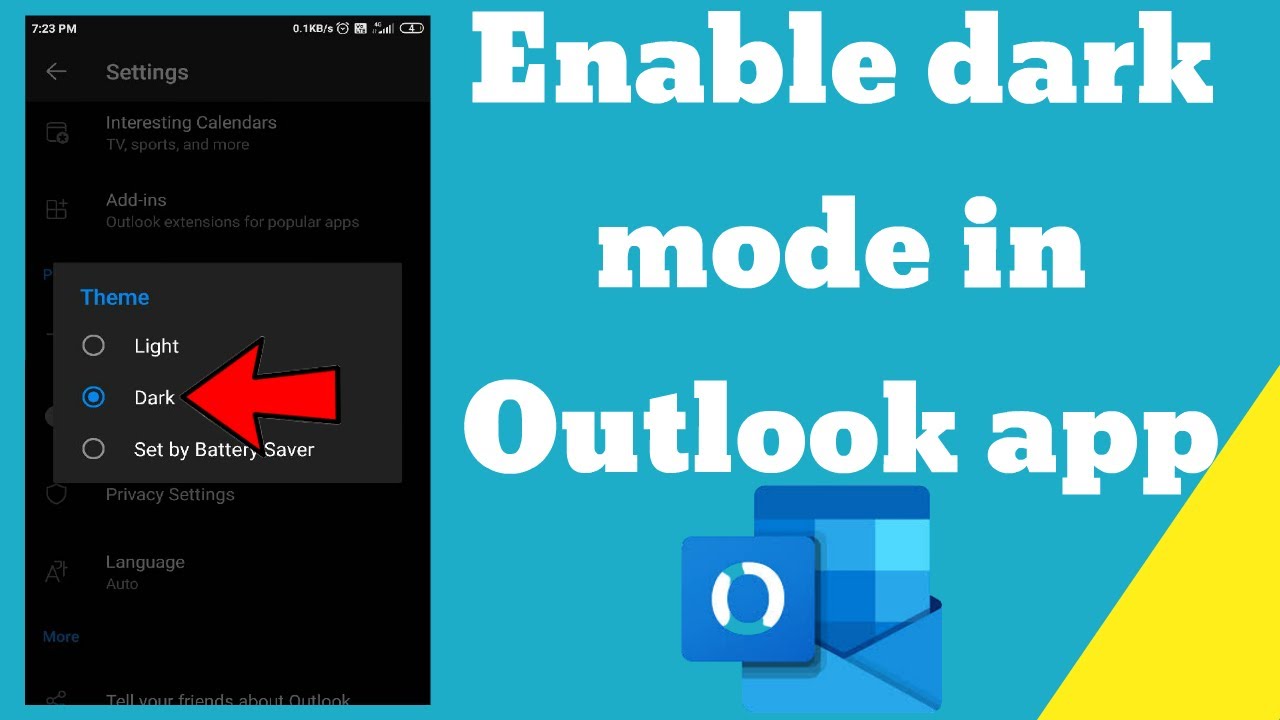 How to enable dark mode in Outlook android app