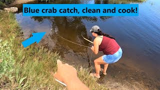 Catching blue crabs by hand line! Catch, clean and cook!