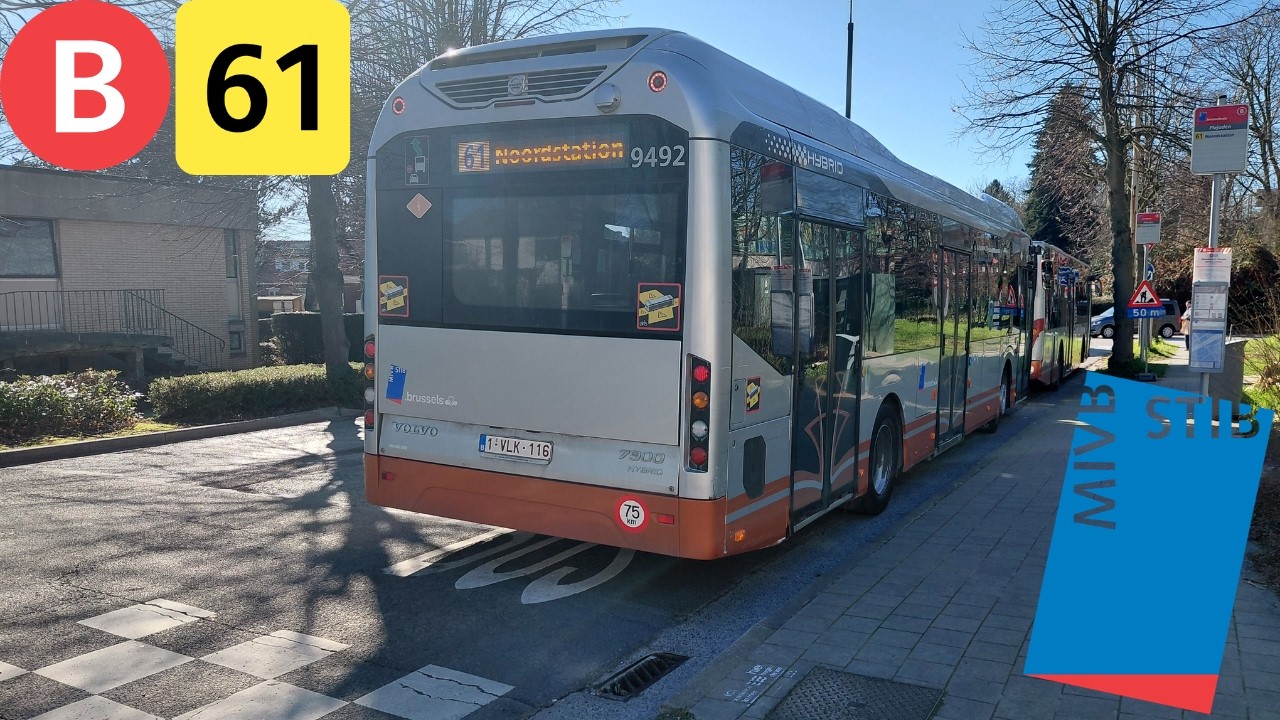 (Bus Stib) Voyage complet ligne 61 Gare du Nord à Pléiades Volvo 7900 Hybrid n°9492.
