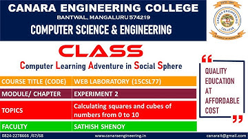 VTU WEB LAB (17CSL77) WEB LABORATORY CALCULATING THE SQUARES AND CUBES [EXPERIMENT 2] (L3)