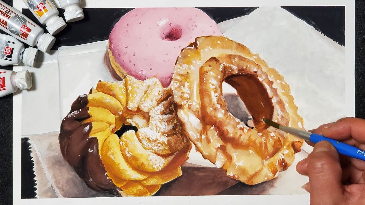 新品 おおでゆかこ 直筆サイン入り複製原画「ドーナツパーティー」 絵の具で描いてみた。「ミスドのドーナツ」 - YouTube