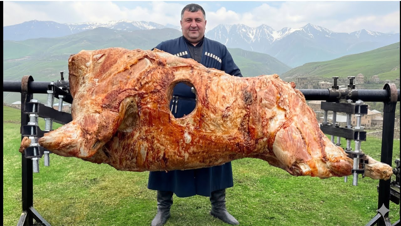 Roasting a Giant Bull on a Steel Spit (ASMR) The Best Meat I’ve Ever Tasted
