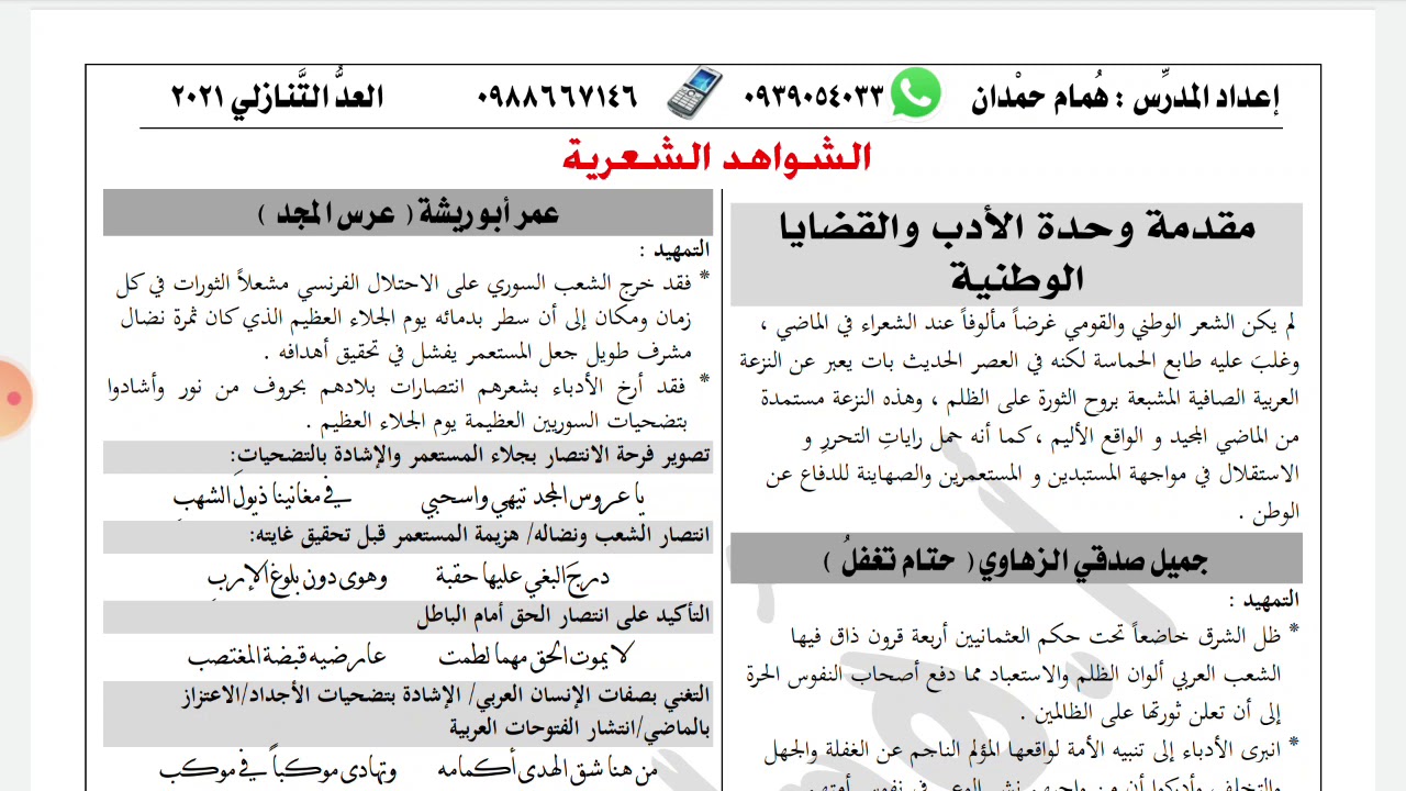 إنشاد ( الشَّواهد الشِّعريَّة ) المُطالب بحفظِها