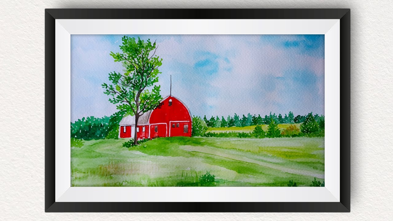 WATERCOLOR PAINTING FOR BEGINNERS LANDSCAPE HOW TO PAINT RED OVAL BARN ...