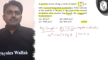 A particle moves along a circle of radius (20/π) m with constant tangential acceleration. If the ...