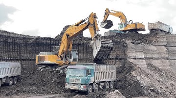 Two Liebherr 974 Excavators Loading 4 Mercedes - MAN 4 Axle Trucks & Operator View - Ascon Ltd