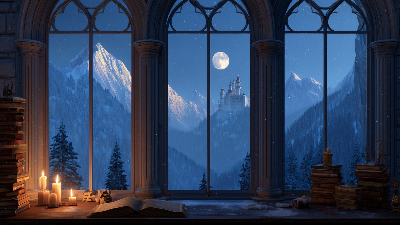 4K Medieval Castle Window View ❄ Quiet Snow Ambience for Sleep, Study & Deep Relaxation (10H)