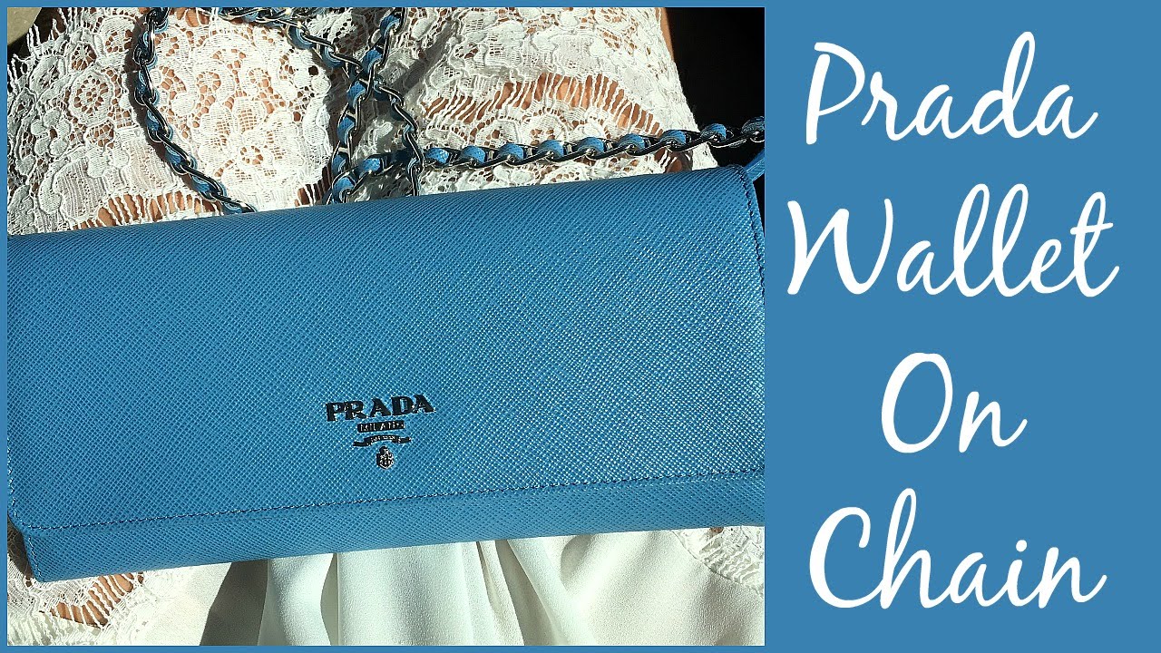 Prada wallet on chain in blue. 100% authentic. Came with original dusk bag  and receipt., Luxury, Bags & Wallets on Carousell