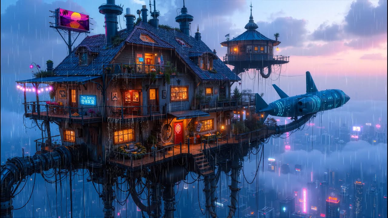 Lo-fi Rain ☔ Cozy Floating House Above Cyberpunk City • Relax, Study, Sleep & Relieve Stress