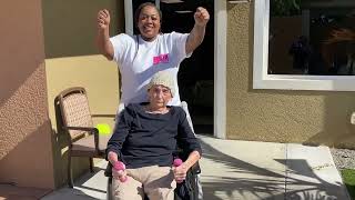 Morning Exercise in Sunny Courtyard | Transitional Memory Care at Chateau Madeleine, Melbourne FL