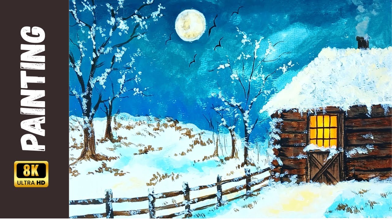 How to Paint a Cozy Winter Cabin & Moonlit Night | Scenery Painting ...