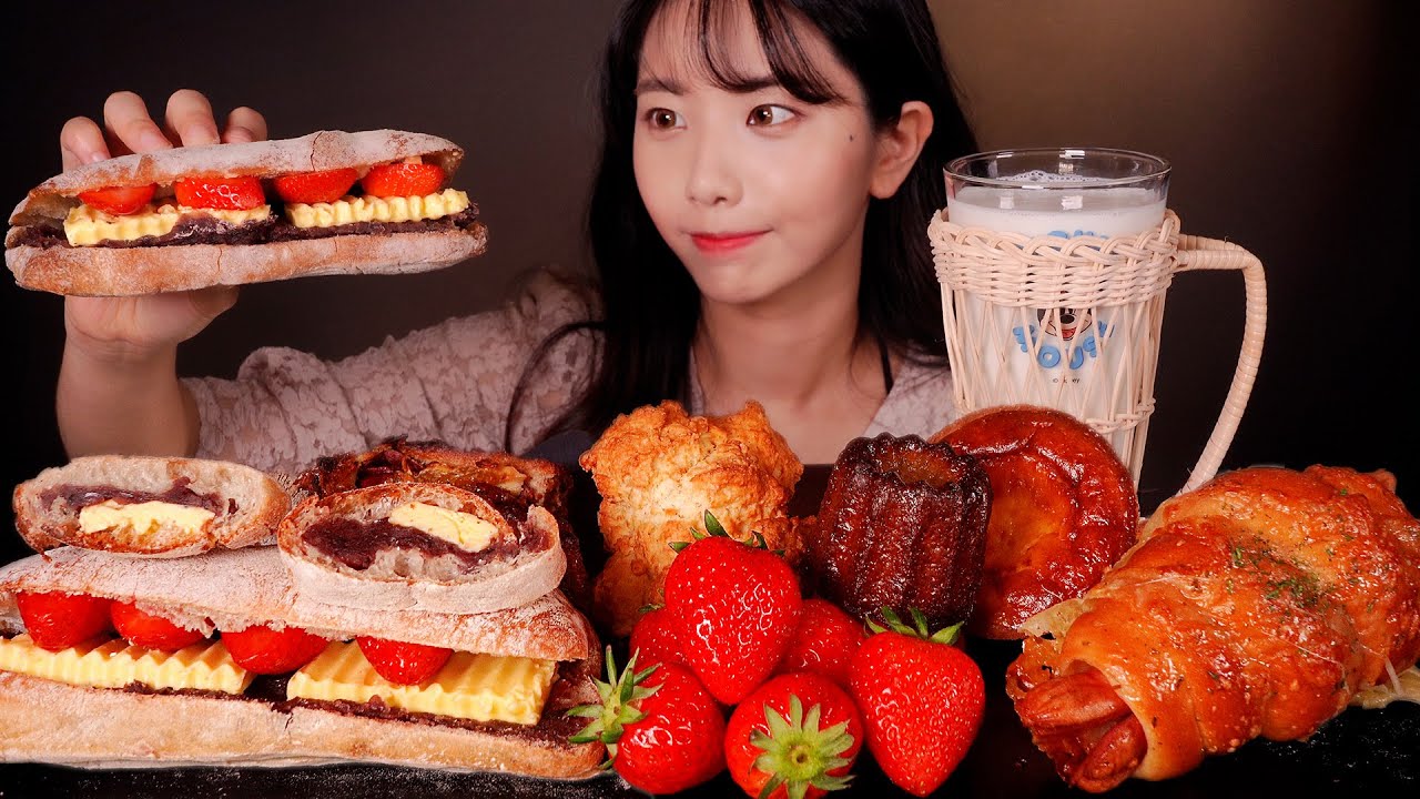 ASMR Freshly Baked Bread Mukbang 🥖 (Strawberry Ang Butter, Canelé, Schon, Sausage Bread)