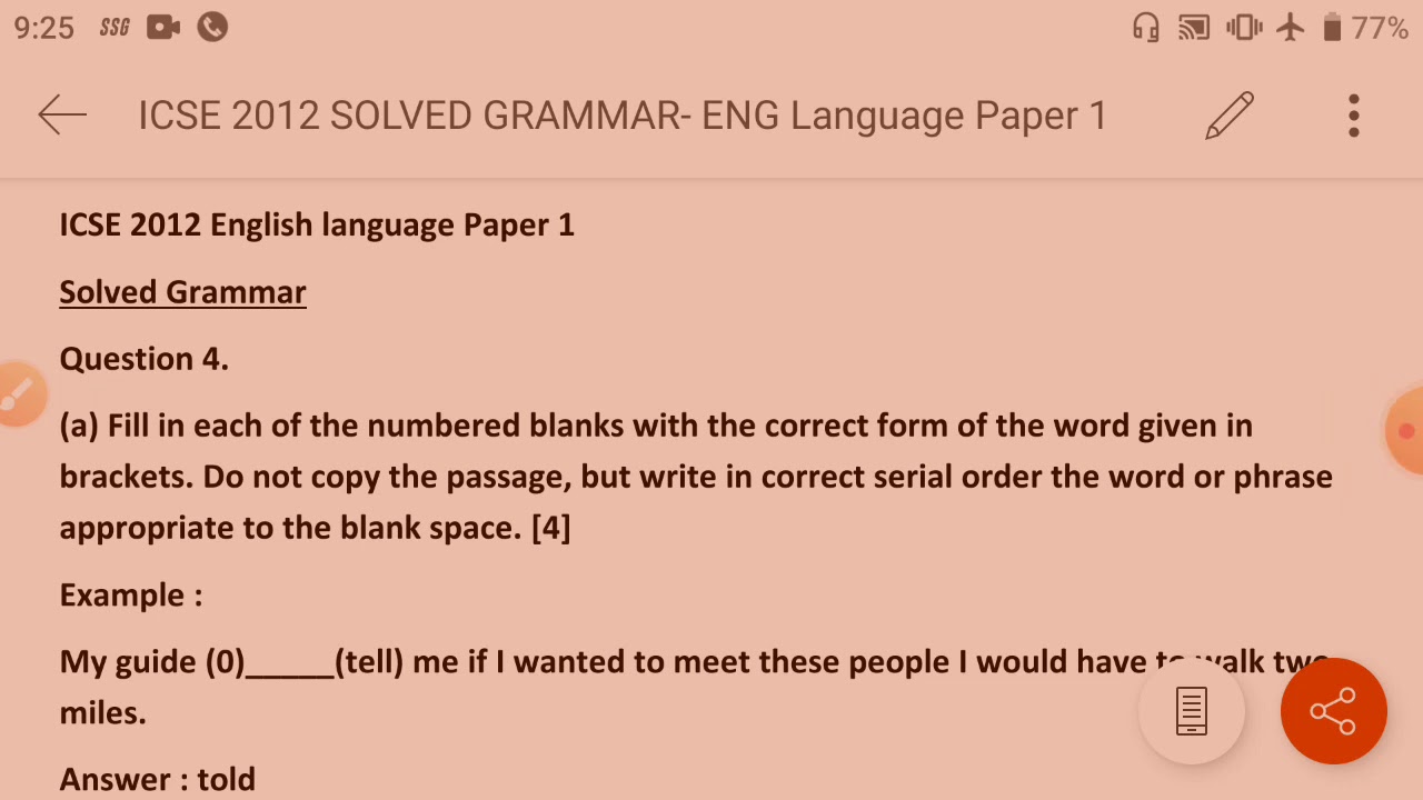 ICSE 2012 SOLVED/ ANSWER KEY- GRAMMAR-ENGLISH LANGUAGE PAPER 1