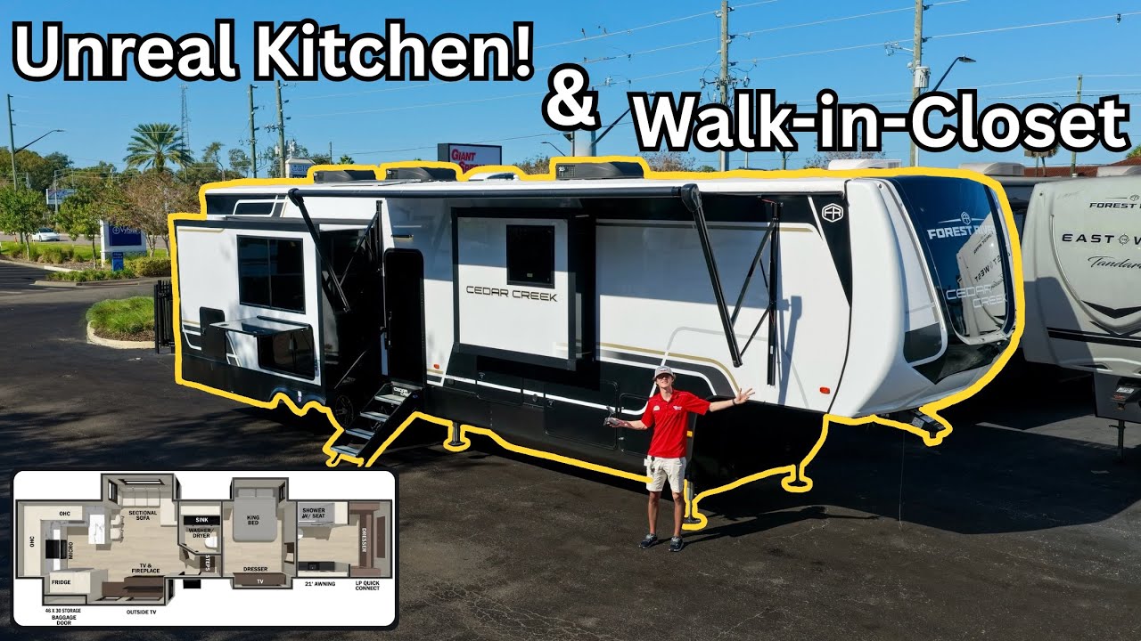 2026 Cedar Creek 385RK | Роскошный прицеп-дача с кухней в задней части кузова (полторы ванные ком...