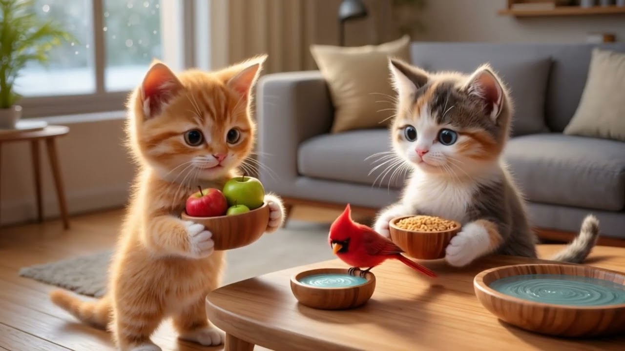 Рыжий и трёхцветный котята спасли детёныша кардинала, позаботились о нём и помогли воссоединиться...