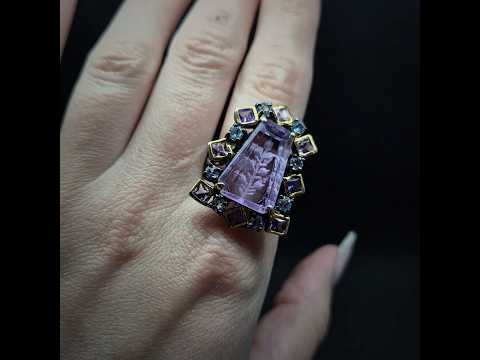 Срібна каблучка з природними різьбленим аметрином і топазами, ручна робота. Розмір 18, видео 1