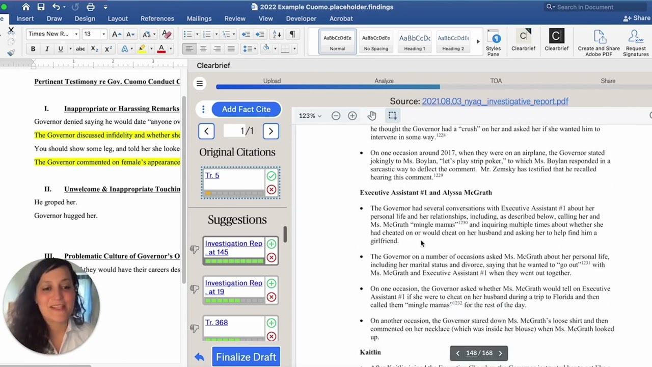 Using Clearbrief to select any text in Word and view the most relevant pages from the discovery