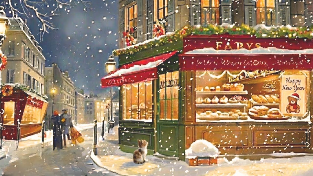 Silent Winter Night in a European Town with smooth jazz playing nearby | Cozy Ambience