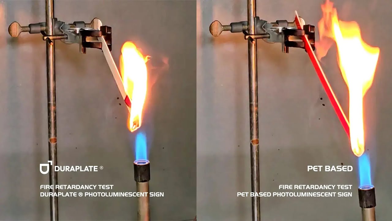 Fire retardancy test PET vs DURAPLATE - Photoluminescent IMO Signs