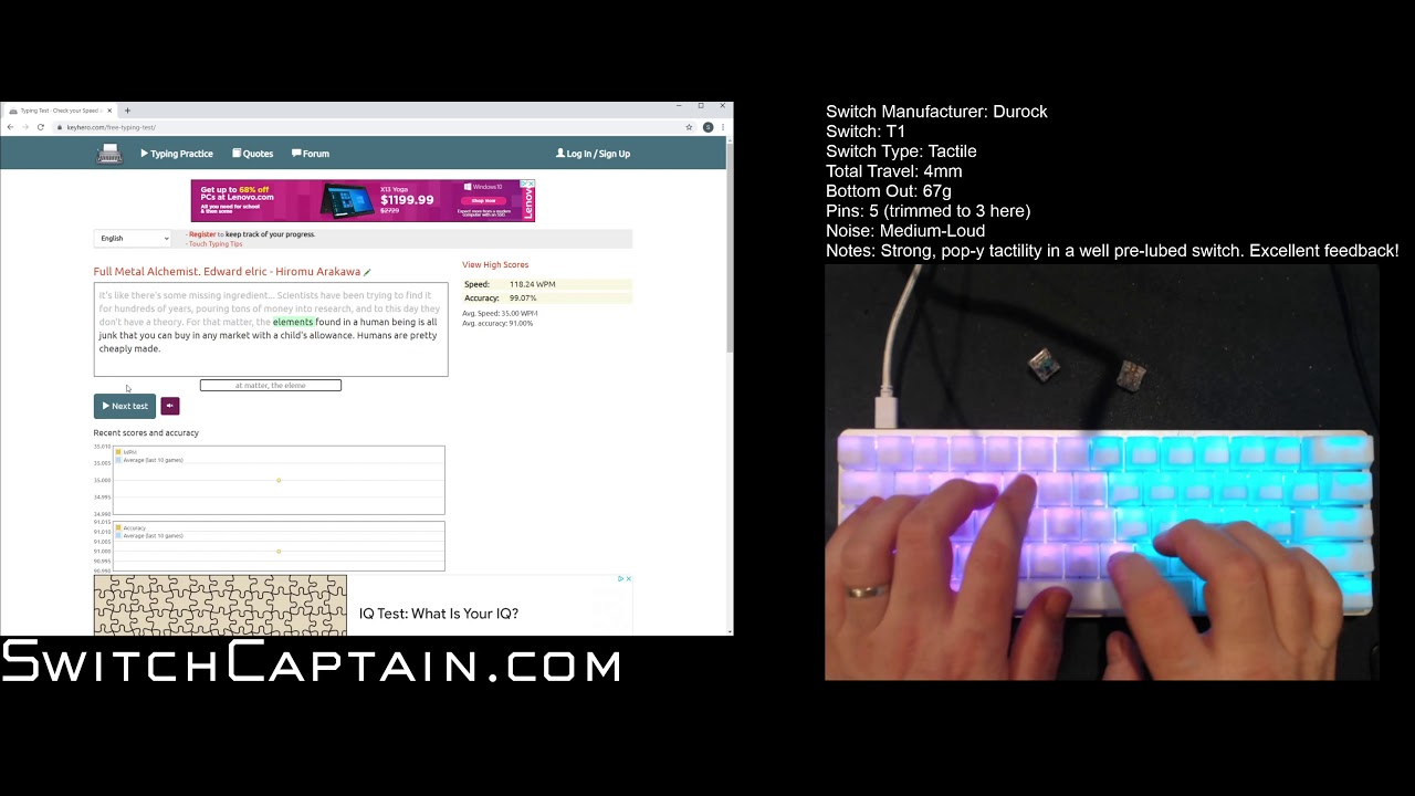 Durock T1 Mechanical Keyboard Switch Typing Test YouTube