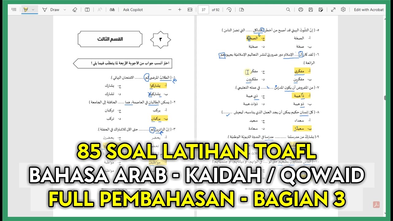 Latihan Soal TOAFL tentang KAIDAH / QOWAID | Bagian 3 Lengkap No 1 - 85 dan Pembahasannya