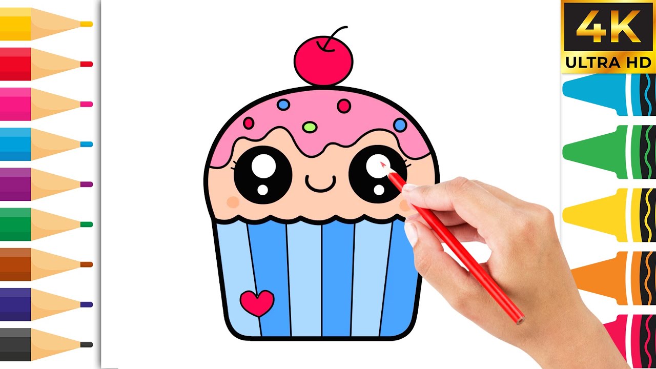 How to Draw Cute Cupcake 🧁 | Easy Kawaii Drawing and Coloring for Kids ...