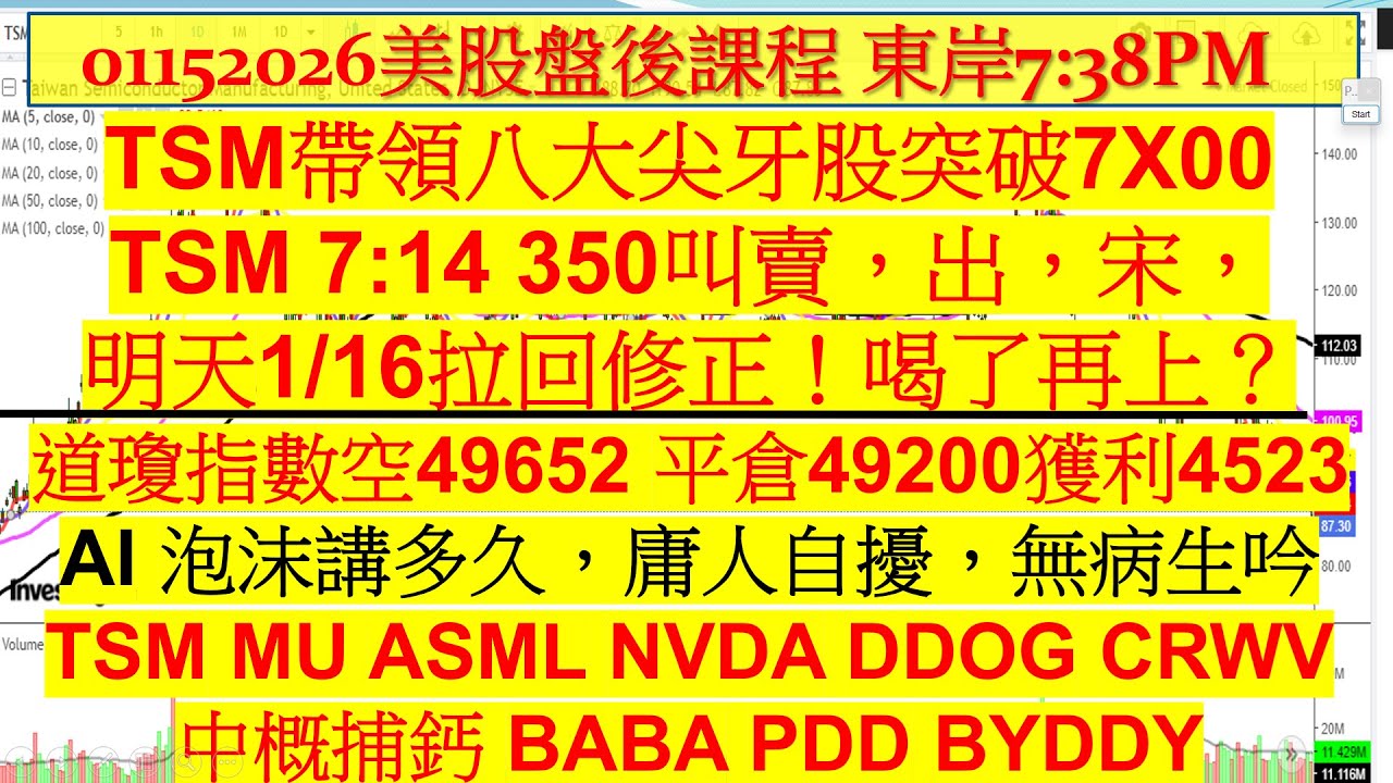 01152026美股盤後課程！TSM帶領八大尖牙股突破7X00？TSM 7:14 350叫賣，明天1/16拉回修正?TSM MU ASML NVDA  DDOG CRWV BABA PDD BYDDY