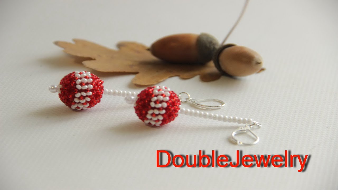 Red ball earrings with white flowers as valentine gift idea, Red white ball earrings