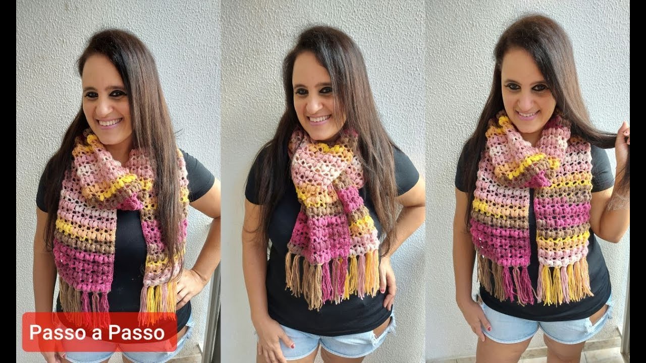 Cachecol  de Crochê  Fácil  com ponto Puff - Crochê Passo Passo Prof. Neddy Ghusmam