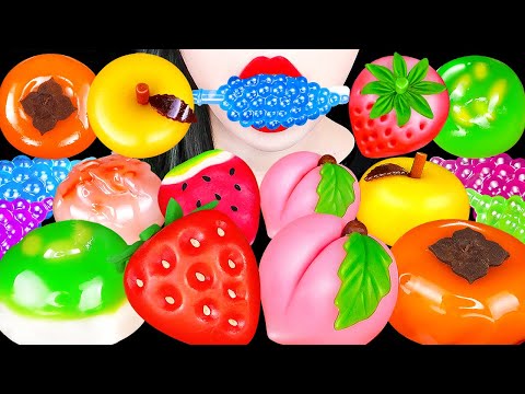 ASMR RAINBOW FRUIT RICE CAKE 과일 화과자, 틱톡 젤리 RAINBOW DESSERTS TIK TOK JELLY NOODLES EATING 먹방 MUKBANG