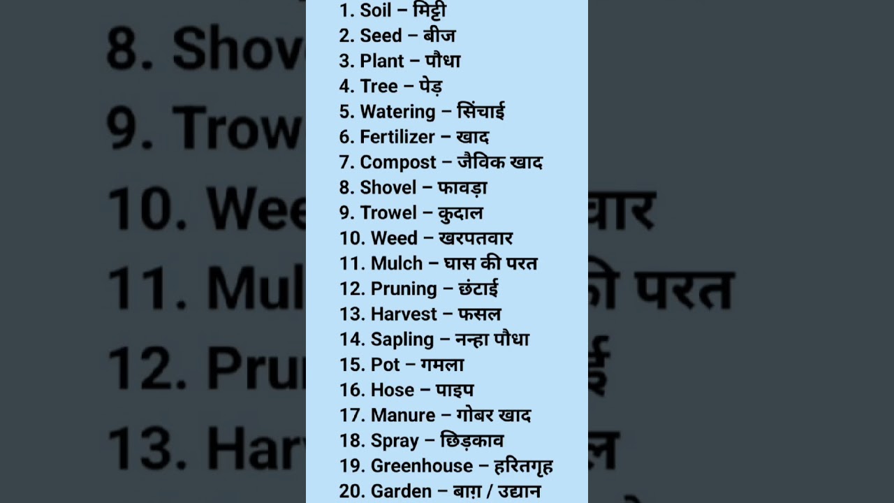 Gardening related words meaning with hindi. 