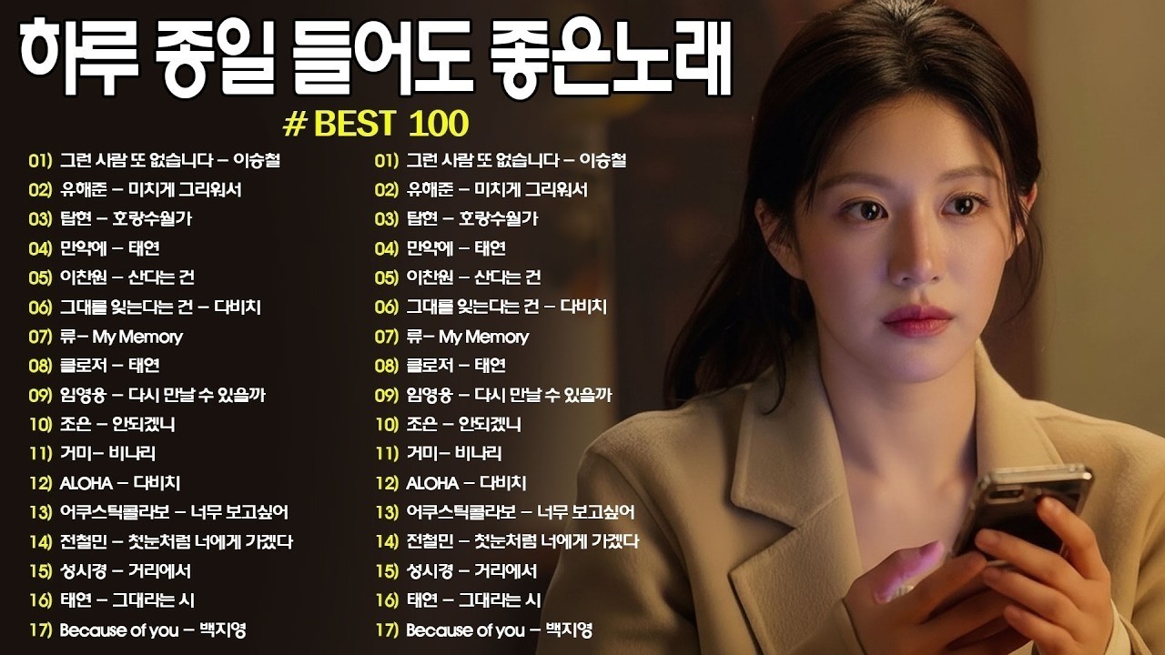 광고 없이 하루 종일 듣는 발라드 Best 100 ｜ 집중력 UP! 일할 때 듣기 좋은 감성 노래 - 임창정,성시경,더원,백지영,김필,양파,이승기,왁스,김범수,소울스타,원티드