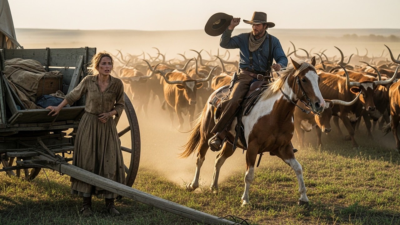 The Cattle Stampeded Toward Her Broken Wagon, A Cowboy Rode Between Them And Turned The Whole Herd