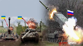 Panic Moment of Ukrainian Tanks and Howitzer Ambushed by Russia Artillery
