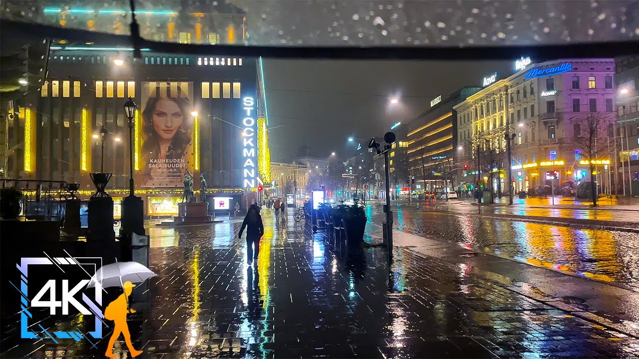 Dark and Rainy Night Walk, Helsinki, Binaural Rain Sounds, Finland 4K