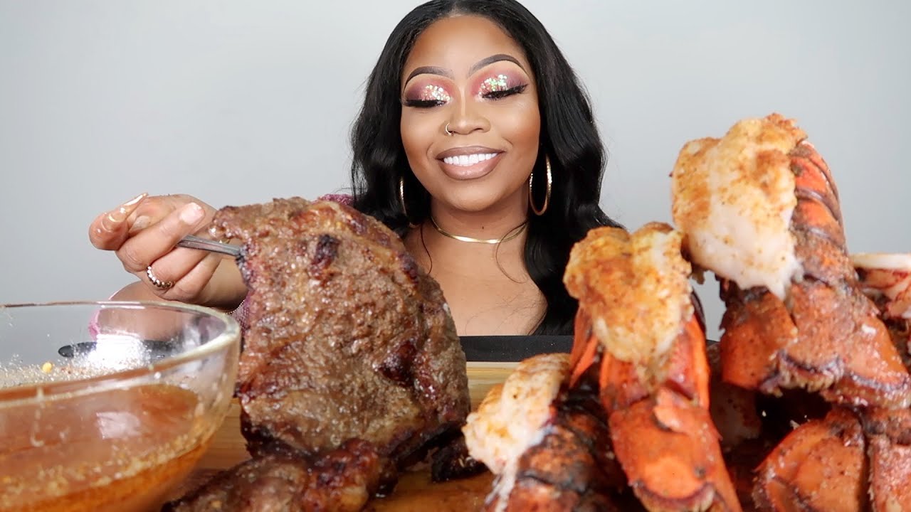 SURF & TURF SEAFOOD BOIL MUKBANG 먹방 !!! GIANT LOBSTER TAILS + 22oz