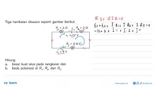 Tiga hambatan disusun seperti gambar berikut. R1 = 1 Ohm R2 = 2 Ohm epsilon1 = 12 V R3 = 9 Ohm ep...