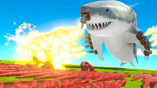 GIANT SHARK WITH FLAMETHROWERS vs GIANT SNAKES - Animal Revolt Battle Simulator Part 1 | Pungence