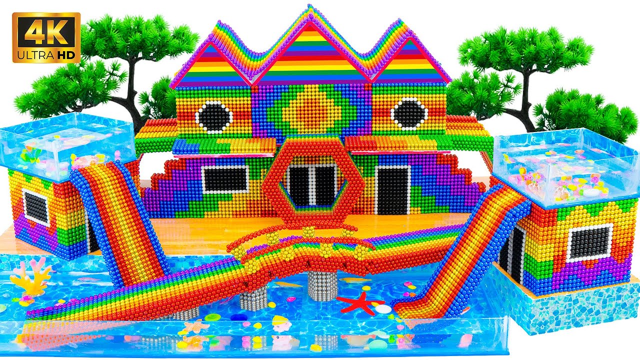 FUNNY CHALLENGE - Build a family villa with two outdoor swimming pools and magnetic ball water slide