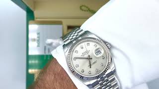 Vidéo: Montre Rolex Oyster Perpetual Datejust (ref 116234) en acier avec index diamants. Full set de 2018.