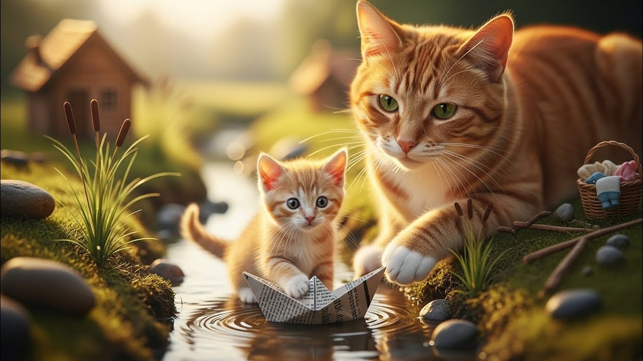“Mama Cat Helps Kitten Build a Paper Boat on a Sunny Morning”
