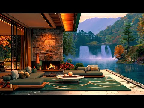 Soothing Jazz Piano Music to Relax 🌺 Cozy Spring Lakeside Porch by the Lake Ambience with Fireplace