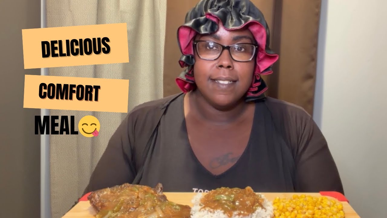 😋Delicious Comfort Meal Smothered Pork Steak Cajun Corn Rice&Gravy MUKBANG