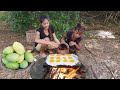 Pick up duck egg and mango fruit for food in forest, Egg grilled on the rock with chili for dinner