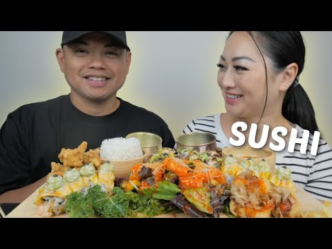 SUSHI Mukbang *Spicy Salmon Sashimi, Mango Paradise Roll, Chicken Karaage with Red Dragon Roll | N.E