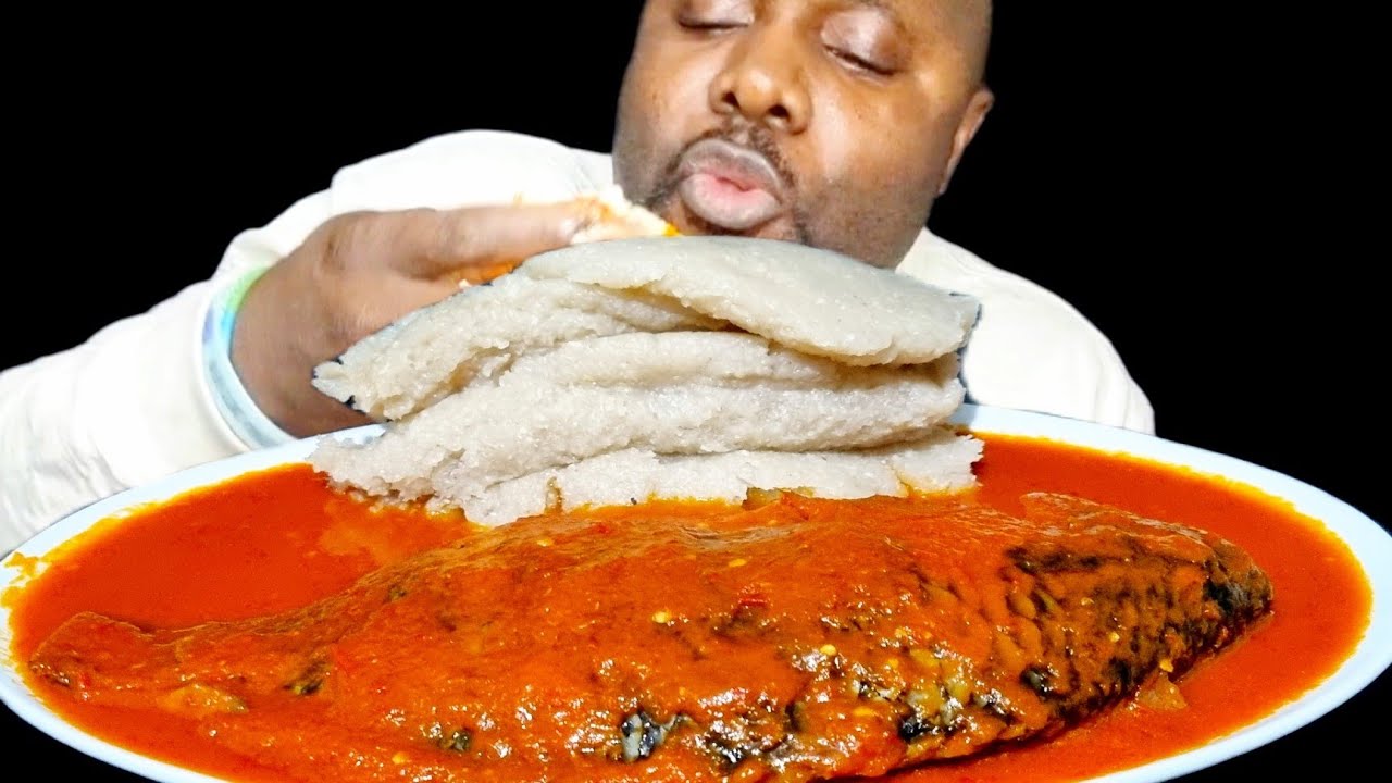 Asmr mukbang fish pepper soup and garri fufu eating sound YouTube