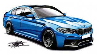 Realistic Car Drawing - 2018 BMW M5 F90 - Time Lapse