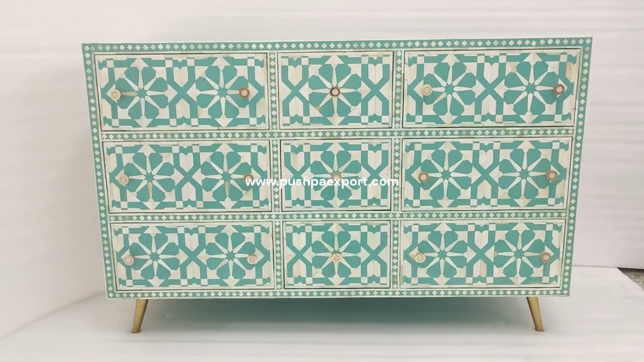 Blue Bone Inlay Cabinet 9 Drawer Large By Pushpa Exports 