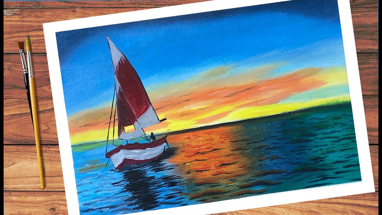 Painting of sail boat by the sunset Acrylic painting Painting
