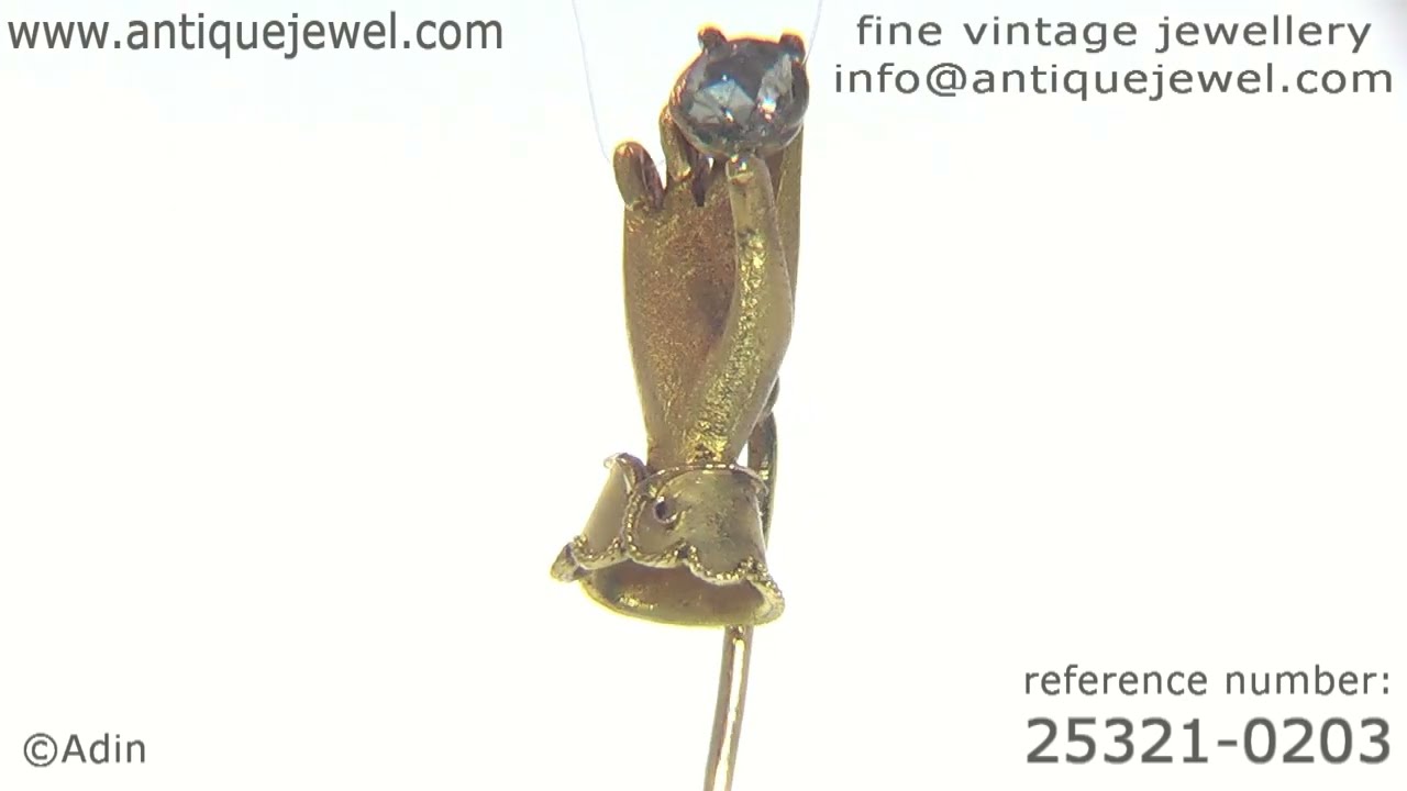 Romantic Victorian Gold Stickpin with Sculpted Hand Holding a Rose Cut Diamond. (Adin N  25321-0203)